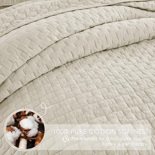 palassio Beige 100% Cotton Quilt California Cal King Size Bedding Sets with 2 Pillow Shams, Textured Oversized Lightweight Bedspread Shabby Chic Coverlet, Soft Bed Cover for All Season, 3 Pieces