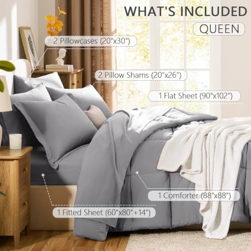 CozyLux Queen Comforter Set, 7-Piece Bed in a Bag, Grey