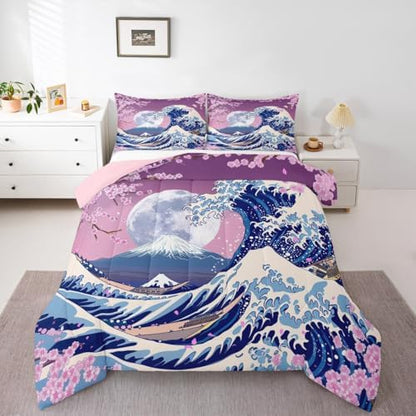 Homewish Japanese Cherry Blossoms Comforter Set Twin Size Fuji Mountain Bedding Set 2pcs for Girls Boys Teens Kids Bedroom Decor Ukiyoe Sea Wave Quilt Set Exotic Blue Pink Duvet Insert,1 Pillowcase