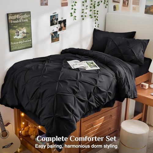 JOLLYVOGUE Twin Comforter Set 5 Pieces - Bed in a Bag Twin for All Season, Pintuck Bedding Comforter Sets with Comforter, Flat Sheet, Fitted Sheet and Pillowcases & Shams, Black
