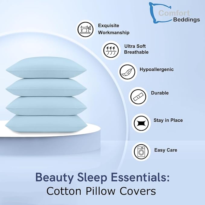 Comfort Beddings King Pillowcases Set of 4 – 100% Organic Cotton, 600 Thread Count Sateen, Soft & Comfy Pillow Covers with Envelope Closure, Light Blue, King Size 20 x 36 Inches