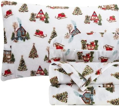 Elegant Comfort Luxuriously Soft 4-Piece Holiday Velvet Plush Flannel Sheet Set - Premium Quality - Cozy Warm, Christmas Fuzzy Velvet Flannel Fleece Deep Pocket Sheet Set - King, Bungalow