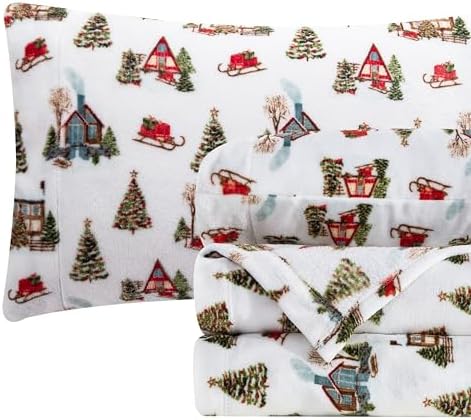 Elegant Comfort Luxuriously Soft 4-Piece Holiday Velvet Plush Flannel Sheet Set - Premium Quality - Cozy Warm, Christmas Fuzzy Velvet Flannel Fleece Deep Pocket Sheet Set - Twin, Bungalow