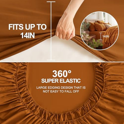 Burnt Orange Tufted Textured Comforter Set King Size, 7 Piece Bed in a Bag，Shabby Chic Boho Bedding for Bedroom Comforter，All Season Soft Microfiber Ruffle Comforter Set with Pillow and Sheets