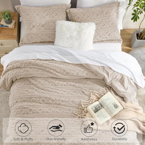 Homelike Moment Fleece King Comforter Set Beige, Fluffy Bed Set 3 Piece