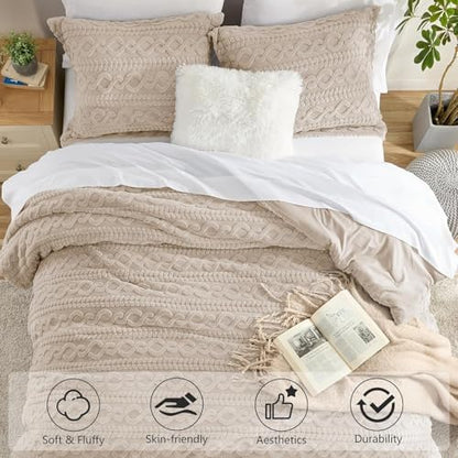 Homelike Moment Fleece King Comforter Set Beige, Fluffy Bed Set 3 Piece