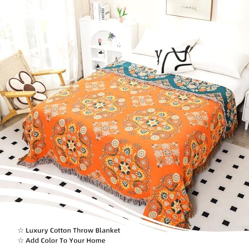 VANJOROY Boho Large Throw Blanket, 100% Organic Muslin Cotton Breathable Soft Bed Throw - Floral Farmhouse Decor Blanket for Sofa Couch Chair and Gift. 80" x 90"- Orange