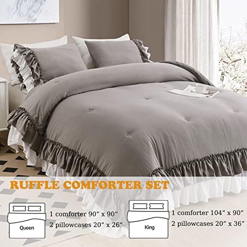 Masaca Shabby Ruffled Comforter King Size,Vintage Farmhouse Ruffle King Size Comforter Set French Country Rustic Aesthetic Bedding Extra Soft 3 Pieces