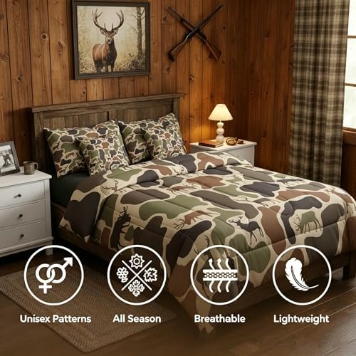 Erosebridal Camo Deer Comforter Set 7 Pcs Camouflage Hunting Deer Bedding Sets for Kids Teens Green Military Army Camo Bed in A Bag Queen Country Hunter Wildlife Sheet Set with Comforter