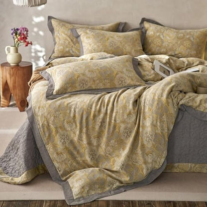 Golden Floral Duvet Cover Twin XL Vintage Jacquard Flower Bedding Set Linen Cotton Yarn-Dyed Textured Duvet Cover Bordered Farmhouse Boho Floral Comforter Cover with Zipper Closure Cozy Breathable
