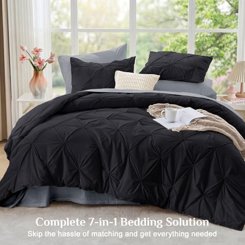 JOLLYVOGUE Cal King Comforter Set 7 Pieces - Bed in a Bag Cal King for All Season, Pintuck Bedding Comforter Sets with Comforter, Flat Sheet, Fitted Sheet and Pillowcases & Shams, Black & Light Grey