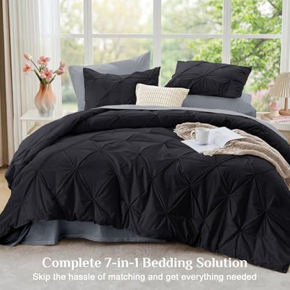 JOLLYVOGUE Cal King Comforter Set 7 Pieces - Bed in a Bag Cal King for All Season, Pintuck Bedding Comforter Sets with Comforter, Flat Sheet, Fitted Sheet and Pillowcases & Shams, Black & Light Grey