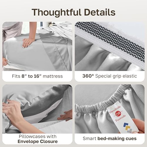 California Design Den 100% Egyptian Cotton Queen Size Sheets, Light Grey