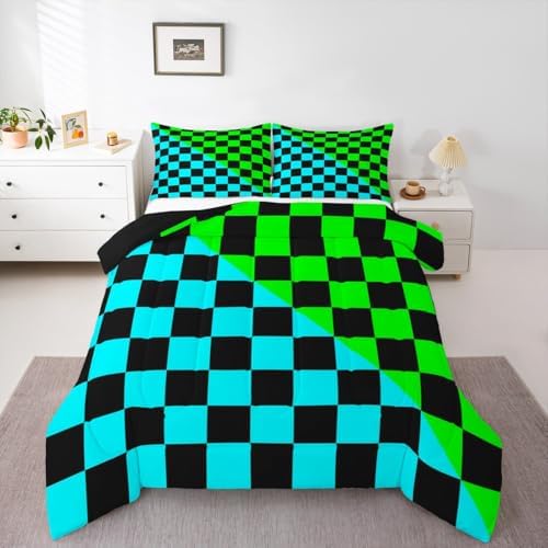 Feelyou Checkered Retro Comforter Set King Size Modern Geometric Cute Bedding Set for Kids Boys Girls Teal Green Duvet Quilt Vintage Simple Groovy Aesthetic Bedroom Decor 3 Pcs with 2 Pillow Cases