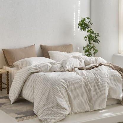 MooMee Striped Duvet Cover Set 100% Washed Cotton Linen Like Super Queen