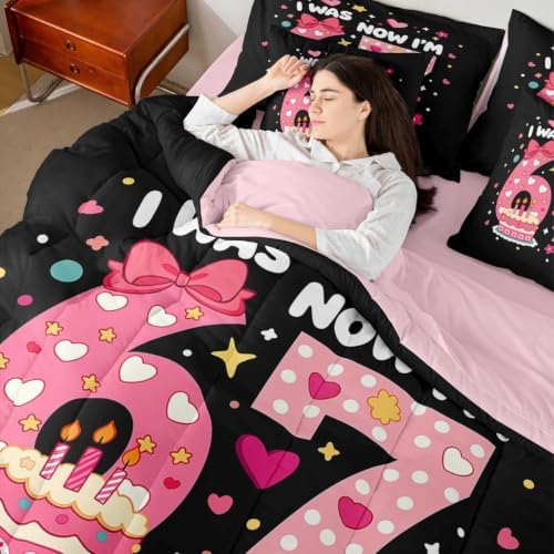 Erosebridal Kids 67 Number Print Full Comforter Set 7 Piece Cute Pink Kawaii Bedding Set for Girls Princess Bedroom Decor,Girly Trendy Six Seven Bed in A Bag Love Heart Bow Bed Set,Pink Black