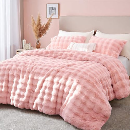 YIKUSH King Faux Fur Soft Comforter Set, Fluffy Pink Rabbit Fur Comforter