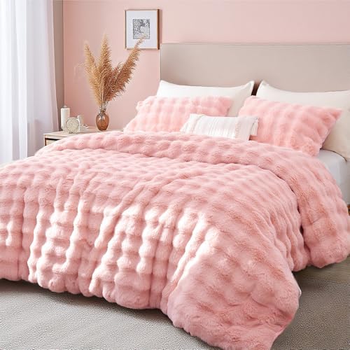YIKUSH Full Faux Fur Soft Comforter Set, Fluffy Pink Rabbit Fur Comforter