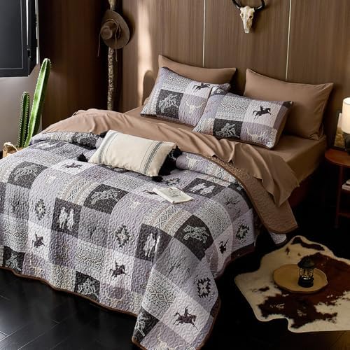 Wake In Cloud - Western Quilt Set, Southwestern Aztec Country Horse Cowboy Rustic Ranch Pattern Printed, Reversible Lightweight Bedspread Coverlet, 3 Pieces, Gray Brown, Queen/Full Size