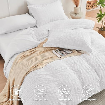 HYMOKEGE White Full Size Comforter Sets Seersucker 7 Pieces, All Season Luxury Bed in a Bag for Bedroom, Bedding Set with Comforters, Sheets, Pillowcases & Shams