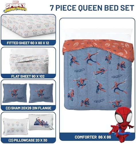 Marvel Spiderman Queen Comforter Set 7 Piece Bedding for Boys, Blue