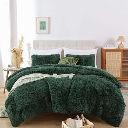 Smoofy Fluffy Full Size Comforter Set, Dark Green Faux Fur Comforter 3 Pcs