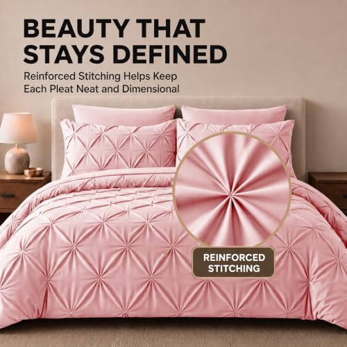 HIMEET Full Size Comforter Set Pink - 7 Pieces Pintuck Bed in a Bag