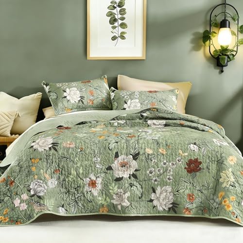 Litanika Floral Green Quilt California King - 3Pcs Botanical Birds Bed Set