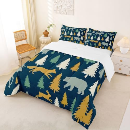 Feelyou Moose Fox Comforter Set Twin Size Soft Kids Nature Woodland Wild Animal Bedding Set with Pillow Case Farmhouse Bear Bathroom Lightweight Breathable Comforter