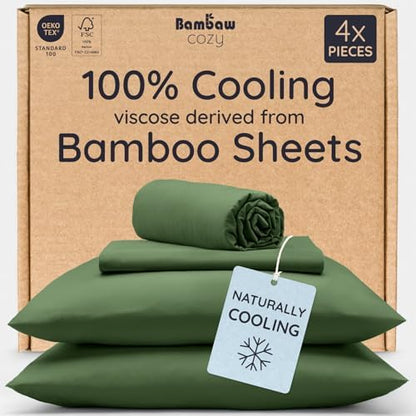 Bambaw 100% Viscose Derived from Bamboo Sheets King Size Set – 4pcs Cooling Deep Pocket King Sheet Set, Fits Up to 16'' with Elastic Corner Straps, Super Soft Sheets, Luxury Bedding (Olive)