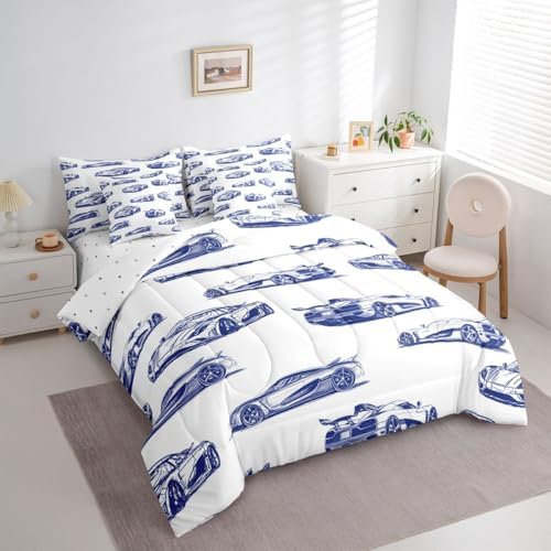 Feelyou Race Car Comforter Set with Sheets 7 Piece Full Size Navy Blue Speed Sports Car Bedding Set for Kids Boys Girls Extreme Sports Bed in a Bag Room Decor Soft Lightweight Microfiber