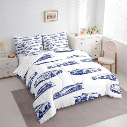 Feelyou Race Car Comforter Set with Sheets 7 Piece Full Size Navy Blue Speed Sports Car Bedding Set for Kids Boys Girls Extreme Sports Bed in a Bag Room Decor Soft Lightweight Microfiber