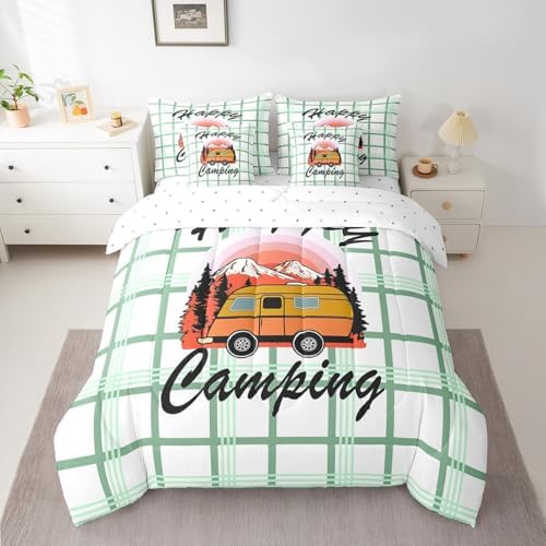 Erosebridal Happy Camping Comforter Set Twin Size,Cartoon RV Bedding Set for Kids Teens,Green Buffalo Plaid (Comforter+Fitted+Flat Sheet+2 Pillowcases+2 Throw Pillow Covers) 7 Pieces Bed Set