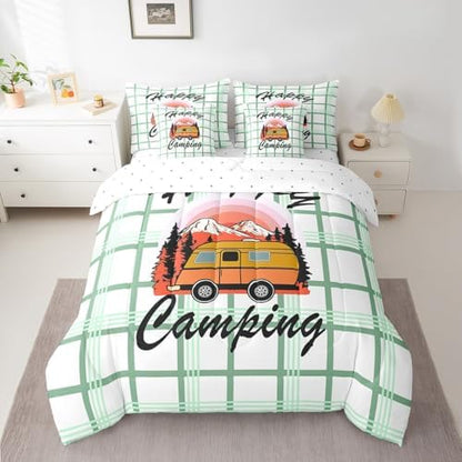 Erosebridal Happy Camping Comforter Set Twin Size,Cartoon RV Bedding Set for Kids Teens,Green Buffalo Plaid (Comforter+Fitted+Flat Sheet+2 Pillowcases+2 Throw Pillow Covers) 7 Pieces Bed Set