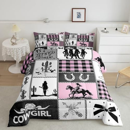 Western Cowgirl Kids Comforter Set Twin Size,Cactus Horseshoe Cowgirl Boot Rustic Bedding Set,Girls Women Room Decor,Bow Cow Skull Patchwork Down Comforter,Pink Fashion Duvet Insert,1 Pillowcase