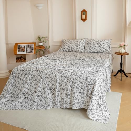 FADFAY 100% Cotton Queen Sheet Set, Ivory Black Paisley Floral Bed Sheets