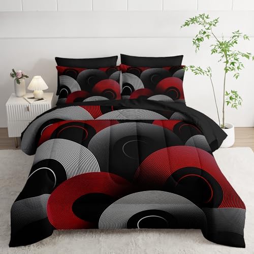 7 Piece Black and Red King Comforter Set Geometric Pattern，Geometric Bedding Set Boys，Geometric Bedroom Decor，(1 Comforter, 1 Flat Sheet, 1 Fitted Sheet, 2 Pillowcase and 2 Pillow Sham)