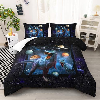 AILONEN Space Galaxy Dinosaur Bedding Set, Purple Dreamy Nebula Dinosaur Queen Size Bedding Sets for Boys Girls,Dino Roar Planet Pattern Soft Breathable Quilt Set 3Pcs(1 Comforter + 2 Pillowcase)