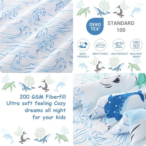 Mooreeke Toddler Bedding Sets for Boys,4 Pieces Blue Ocean Whales Printed