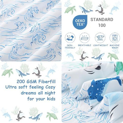 Mooreeke Toddler Bedding Sets for Boys,4 Pieces Blue Ocean Whales Printed