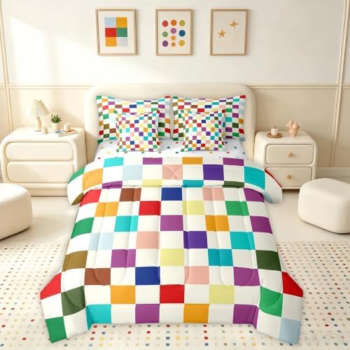 Feelyou Colorful Checkered Retro 7 Piece Bedding Set Kids Boys Girls Modern Geometric Cute Comforter Set with Sheets Full Size Beige Colorful Bed in a Bag Vintage Simple Groovy Aesthetic Room Decor