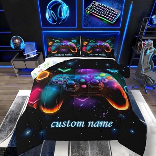Custom Name Game Consoles Gamer Bedding Set King Gamer Gifts,Customized Gaming Comforter Sets for Boys Space Glow Geometric Kids Comforter Sets Boys Red Green Blue Teal,Gamer Room Decor for