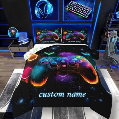 Custom Name Game Consoles Gamer Bedding Set King Gamer Gifts,Customized Gaming Comforter Sets for Boys Space Glow Geometric Kids Comforter Sets Boys Red Green Blue Teal,Gamer Room Decor for