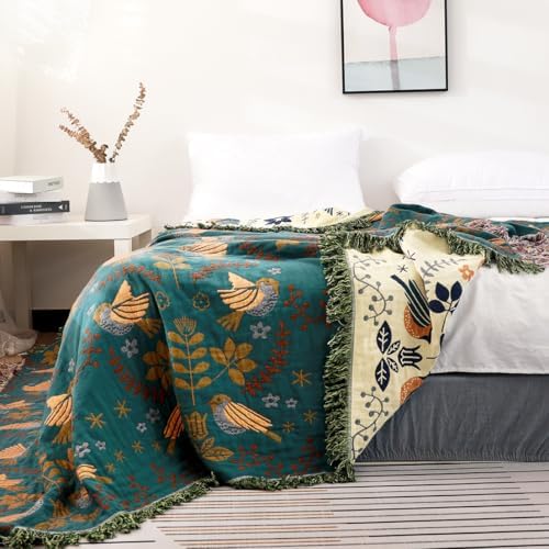 VANJOROY Boho Throw Blanket, 100% Organic Cotton Breathable Ultra Soft 91" x 108" King Bed Quilt Throw - Floral Rustic Bird Farmhouse Decor Luxury Blanket for Sofa Couch Chair and Gift,Teal/Beige