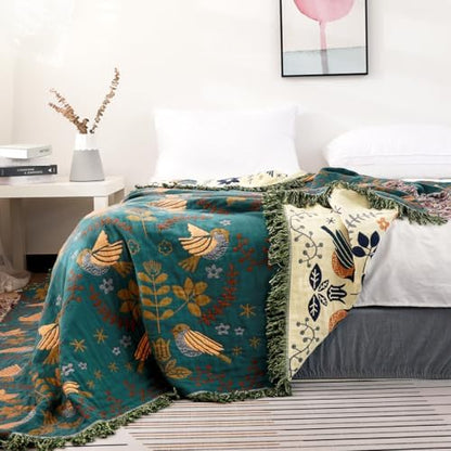 VANJOROY Boho Throw Blanket, 100% Organic Cotton Breathable Ultra Soft 91" x 108" King Bed Quilt Throw - Floral Rustic Bird Farmhouse Decor Luxury Blanket for Sofa Couch Chair and Gift,Teal/Beige
