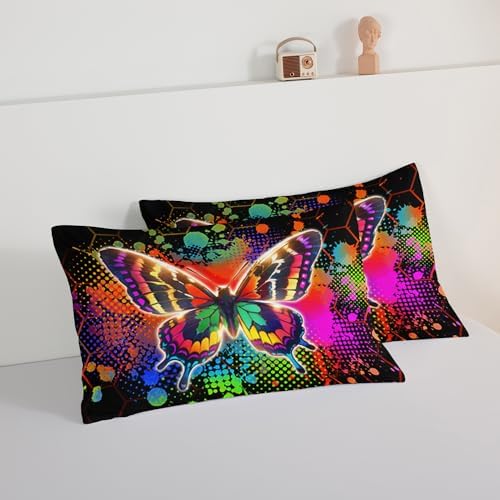 HOSIMA Beauty Butterfly Comforter Set, Colorful Tie Dye Bedding Sets Queen Size for Kids Girls Teens Bedroom Decor, Honeycomb Pattern Comforter Set Queen Size with 2 Pillowcases