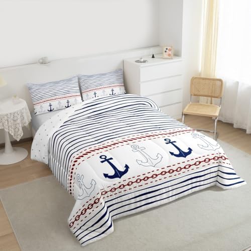 Boys Geometric Striped Bedding Set Navy Blue Anchor Comforter Set Twin Size Nautical Themed Quilted Duvet 2pcs for Kids Teens Men Adults Room Decor Sea Adventure Duvet Insert White,1 Pillowcase