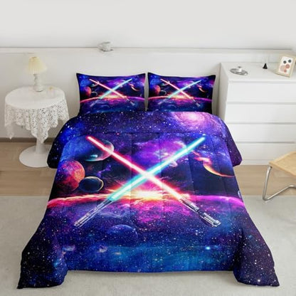 Castle Fairy Light Up Sword Comforter Set King Size Galaxy Universe Planet Bedding Set 3pcs for Kids Boys Girls Room Decor,Watercolor Star Sky Quilt Set Fantasy Duvet Insert with 2 Pillowcases,Purple