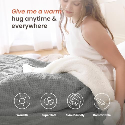 Heated Blanket Electric Blanket Full Waffle,72x84 Inches Sherpa Fleece Fast Heating Blanket 6 Heating Levels & 10 Hours Auto Off ETL Certification, Grey Full