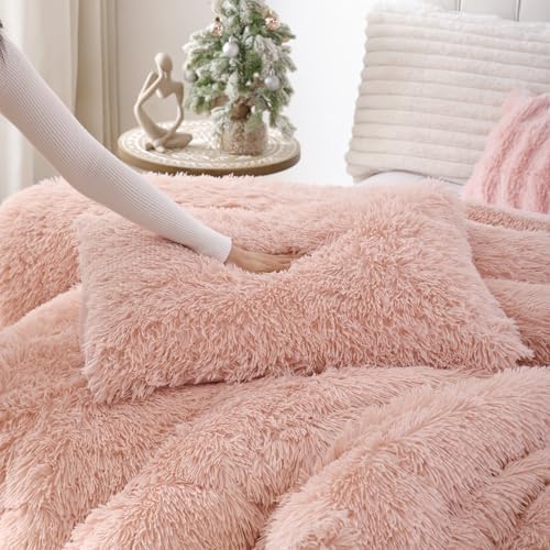 Smoofy Fluffy King Size Comforter Set, Blush Pink Faux Fur Comforter 3 Pcs